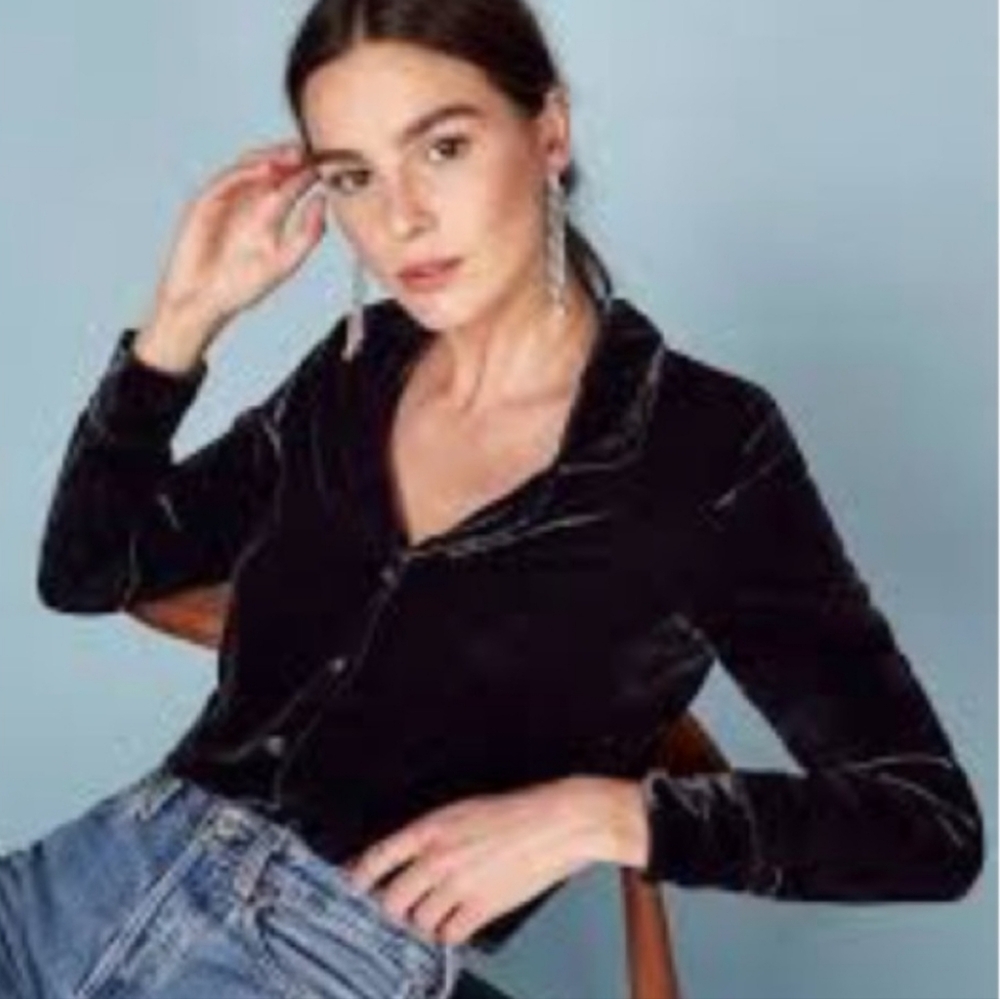 Equipment Femme Womens Black Silk Blend Velvet Collared Button Down Shirt Sz M
